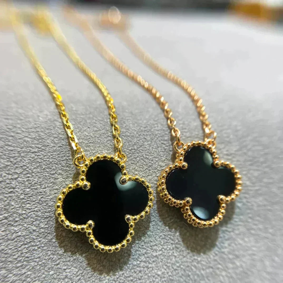 [Glimmer]CLOVER 15MM BLACK ONYX SINGLE FLOWER NECKLACE