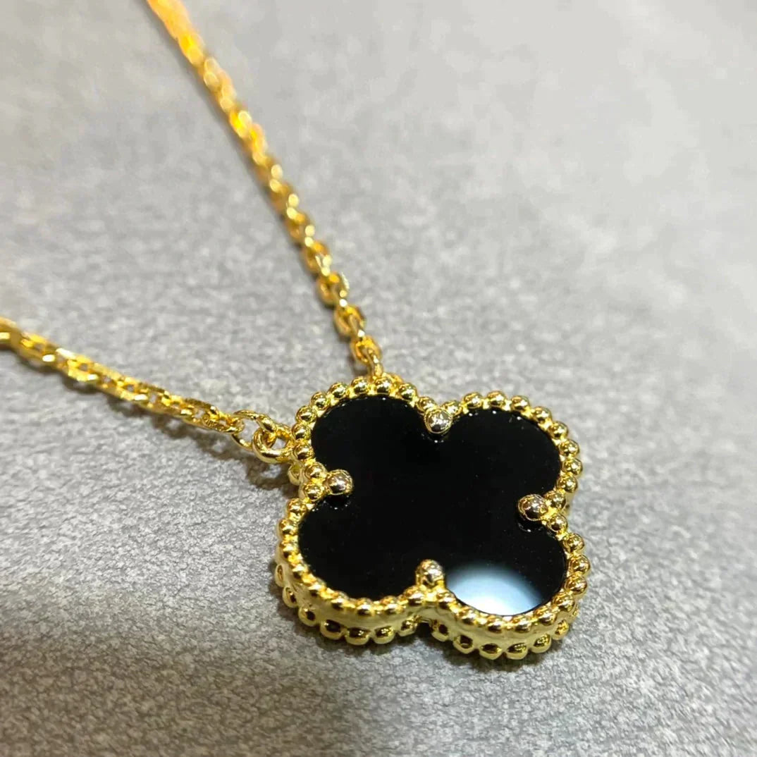 [Glimmer]CLOVER 15MM BLACK ONYX SINGLE FLOWER NECKLACE