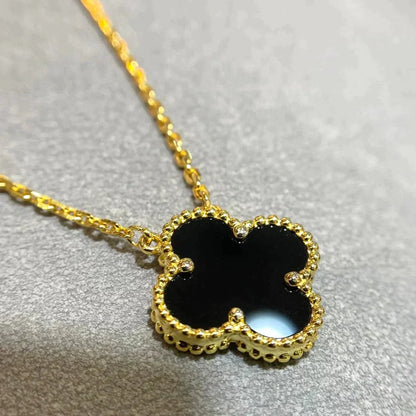 [Glimmer]CLOVER 15MM BLACK ONYX SINGLE FLOWER NECKLACE