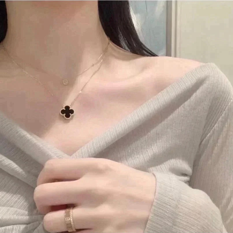 [Glimmer]CLOVER 15MM BLACK ONYX SINGLE FLOWER NECKLACE