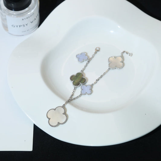[Glimmer]CLOVER BRACELET 5 MOTIFS MOP CHALCEDONY SILVER