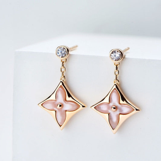[Glimmer]DOUBLE STAR PINK GOLD MOP DROP EARRINGS