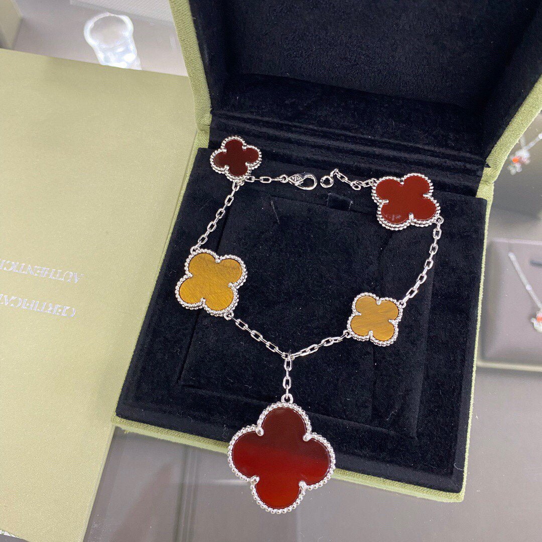 [Glimmer]CLOVER 5 MOTIFS SIVLER CARNELIAN TIGER EYE BRACELET