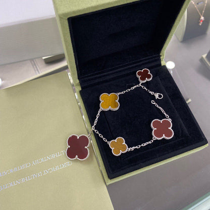 [Glimmer]CLOVER 5 MOTIFS SIVLER CARNELIAN TIGER EYE BRACELET