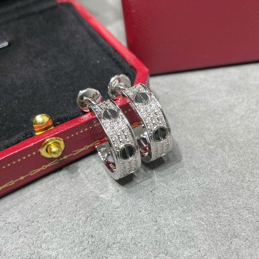 [Glimmer]LOVE CERAMIC DIAMOND PAVED SILVER EARRINGS