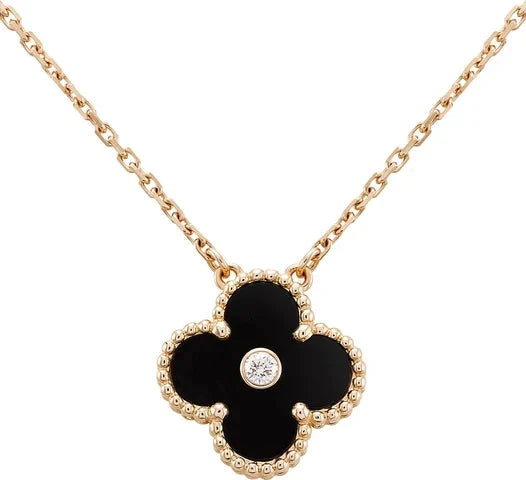 [Glimmer]CLOVER 15MM DIAMOND ONYX NECKLACE