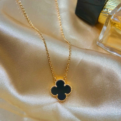 [Glimmer]CLOVER 15MM BLACK ONYX SINGLE FLOWER NECKLACE