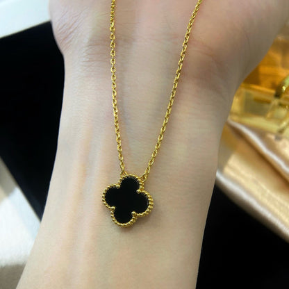 [Glimmer]CLOVER 15MM BLACK ONYX SINGLE FLOWER NECKLACE