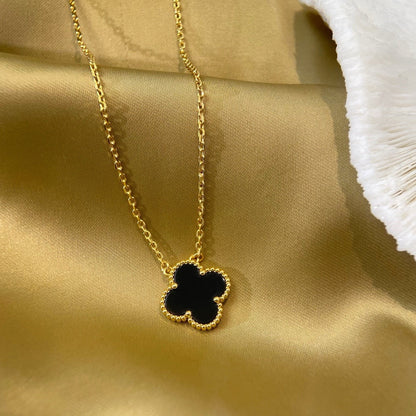 [Glimmer]CLOVER 15MM BLACK ONYX SINGLE FLOWER NECKLACE