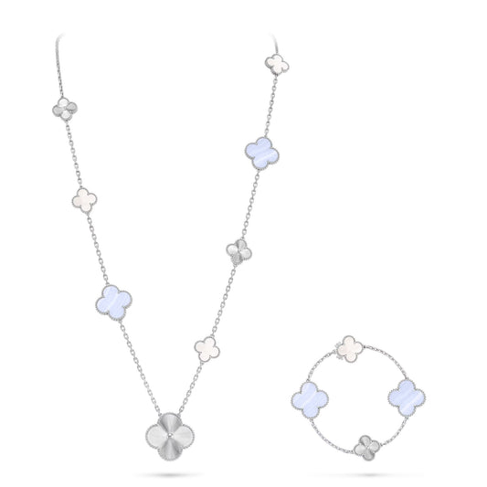 [Glimmer]DETACHABLE CLOVER 15(11+4) FLOWER SILVER NECKLACE SET