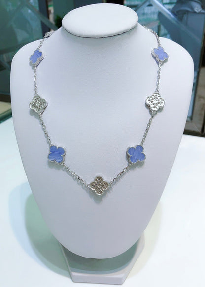 [Glimmer]CLOVER 10 MOTIFS CHALCEDONY DIAMONDS SILVER NECKLACE