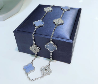 [Glimmer]CLOVER 10 MOTIFS CHALCEDONY DIAMONDS SILVER NECKLACE